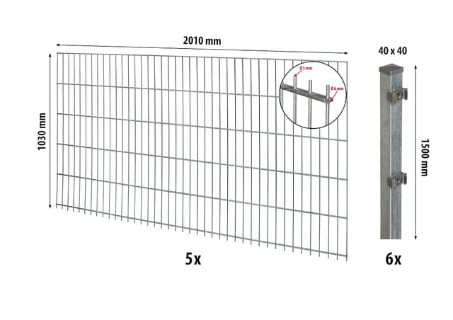 Floraworld Doppelstabmatten-Zaunset mit Pfosten 4 x 4 cm Verzinkt 103 x 1000 cm