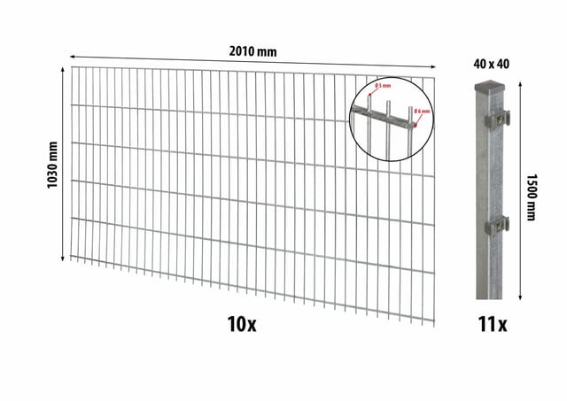Floraworld Doppelstabmatten-Zaunset mit Pfosten 4 x 4 cm Verzinkt 103 x 2000 cm