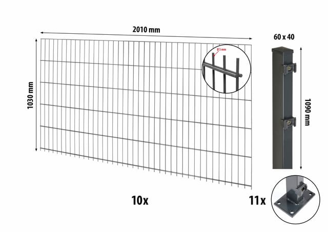 Floraworld Doppelstabmatten-Zaunset mit Bodenplatte Anthrazit 103 cm x 2000 cm