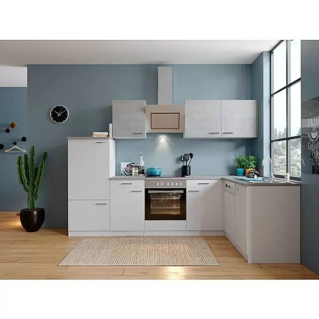 Respekta Winkelküche KBL280WWBSCG 280 x 172 cm Weiß-Beton Optik
