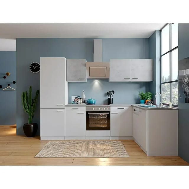 Respekta Winkelküche KBL280WWBSCGKEG 280 x 172 cm Weiß-Beton Optik