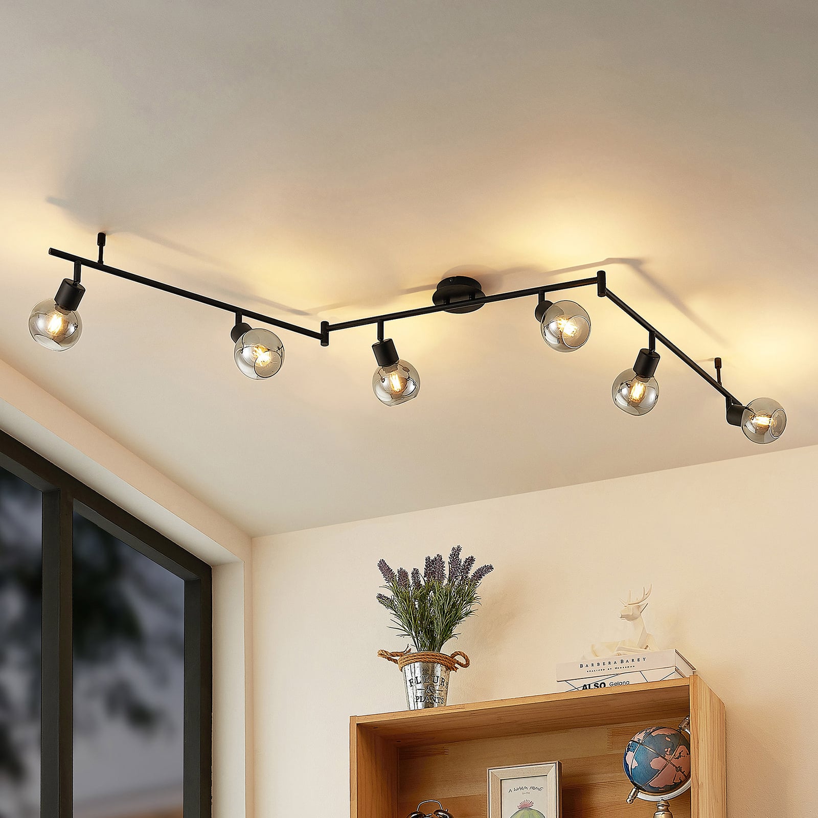 [neuwertig] B-ware Lindby Deckenstrahler Eridia Led Dimmbar Schwarz 6-flammig 180cm Rauchglas