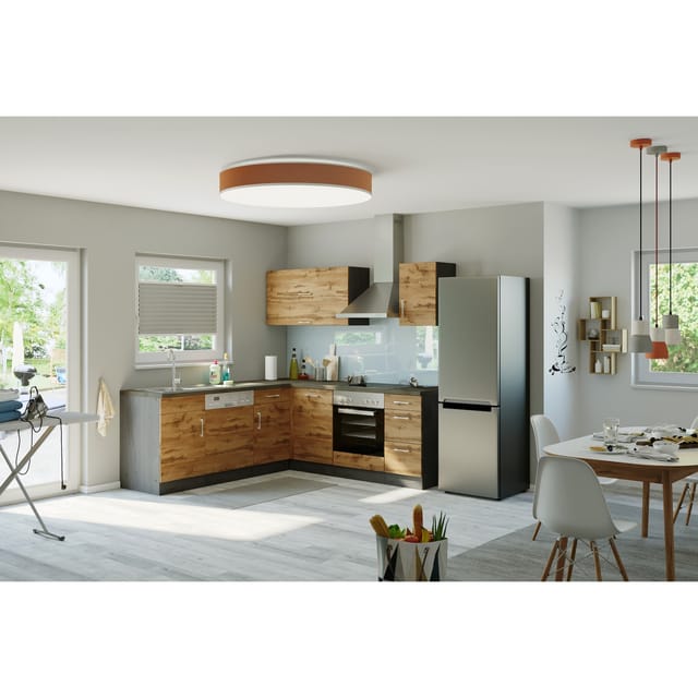 Held Möbel Küchenzeile Sorrento 210 cm Wotaneiche-Grafit Winkel