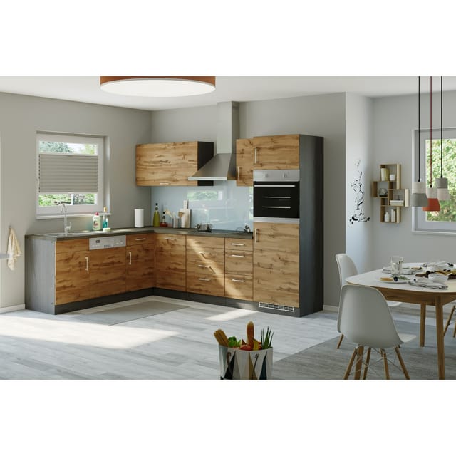 Held Möbel Küchenzeile Sorrento 210/ 270 cm Wotaneiche-Grafit o. E-Geräte Winkel
