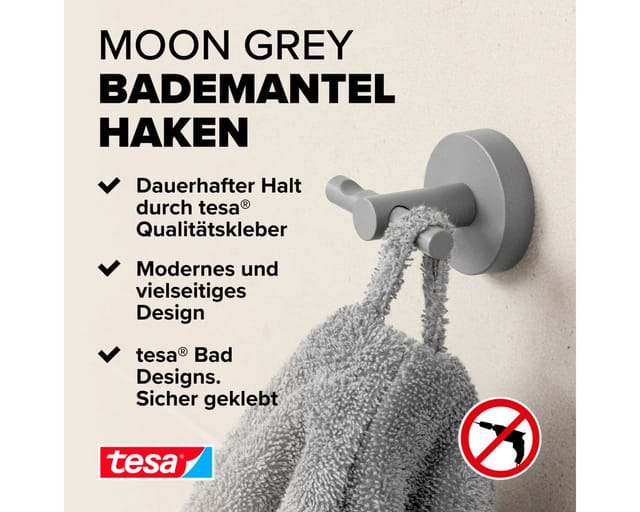 Tesa Moon Grey Bademantelhaken Grau Matt inkl. Klebelösung