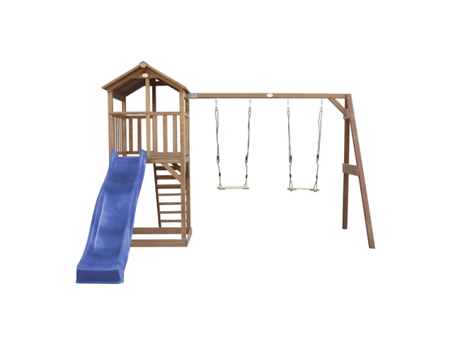 Axi Beach Tower Spielturm m. Doppelschaukel Braun u Blauer Rutsche