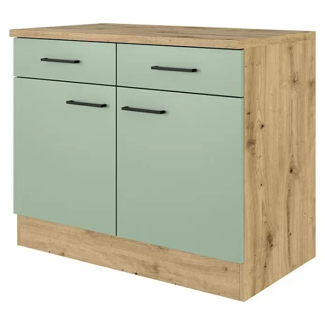 Flex-Well Exclusiv Küchen-Unterschrank Cara 100 cm Schilfgrün matt Artisan Eiche
