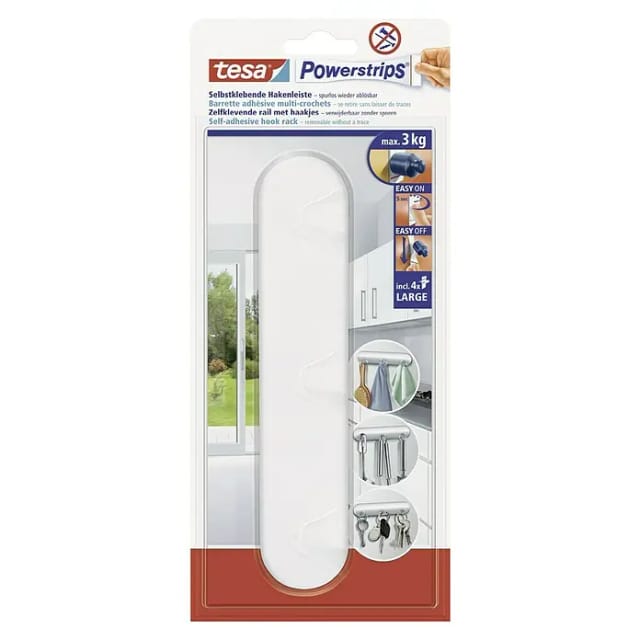 Tesa Selbstklebende Hakenleiste Weiß mit 4 x Powerstrips Large