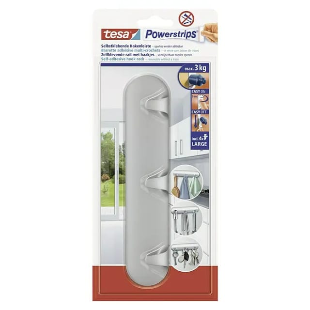 Tesa Selbstklebende Hakenleiste Chrom mit 4 x Powerstrips Large