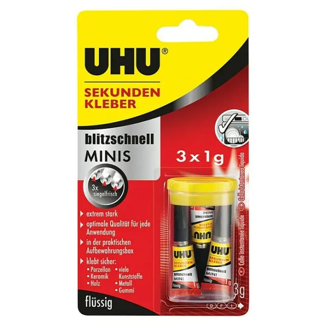 Uhu Sekundenkleber Blitzschnell Minis Flüssig 3 x 1 g mit Aufbewahrungsbox