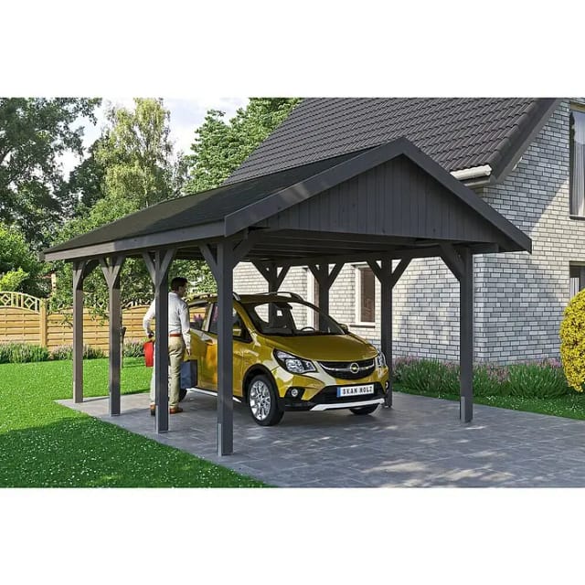 Satteldach-Carport Wallgau Schiefergrau 430 x 600 cm schwarze Schindeln