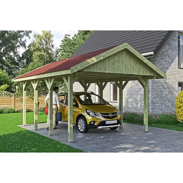 Satteldach-Carport Wallgau 430 x 600 cm rote Schindeln