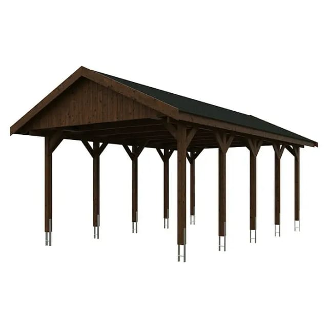 Satteldach-Carport Wallgau Nussbaum 430 x 750 cm schwarze Schindeln