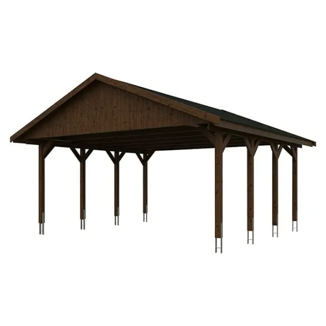 Satteldach-Carport Wallgau Nussbaum 620 x 600 cm schwarze Schindeln