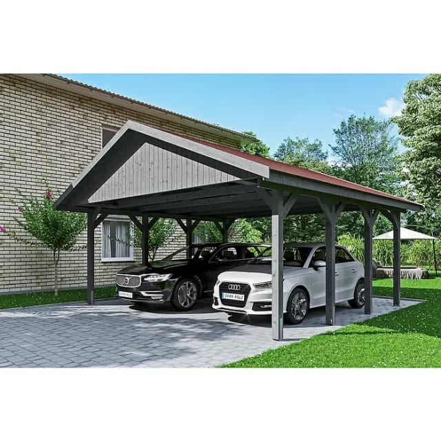 Satteldach-Carport Wallgau Schiefergrau 620 x 600 cm rote Schindeln