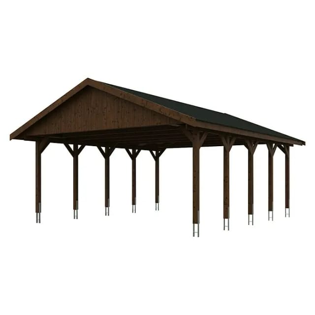 Satteldach-Carport Wallgau Nussbaum 620 x 750 cm schwarze Schindeln