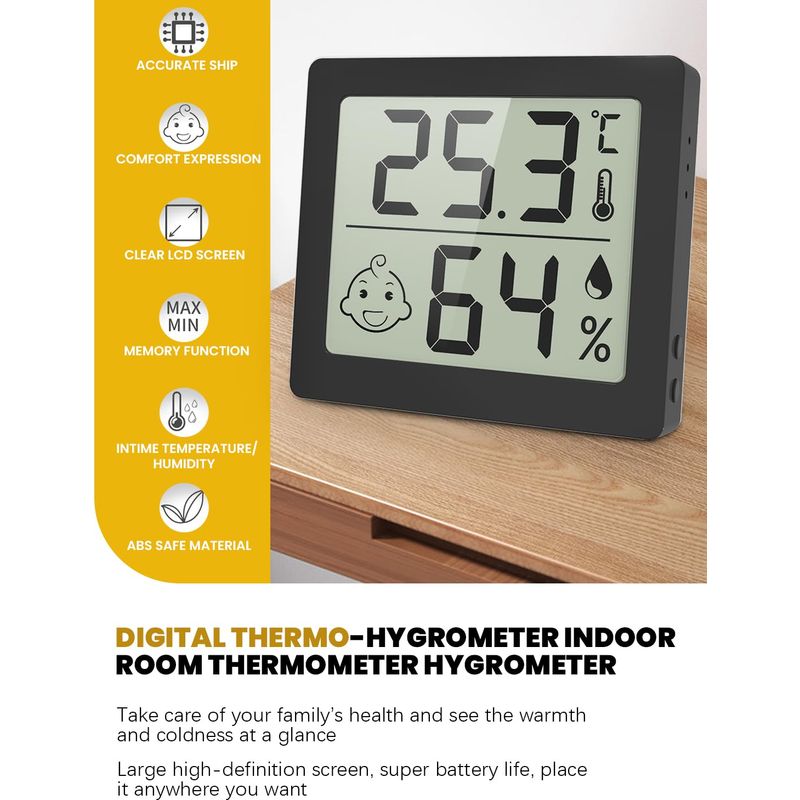 Ultradünnes 3,1" Digitales Thermo-hygrometer, Schwarz.