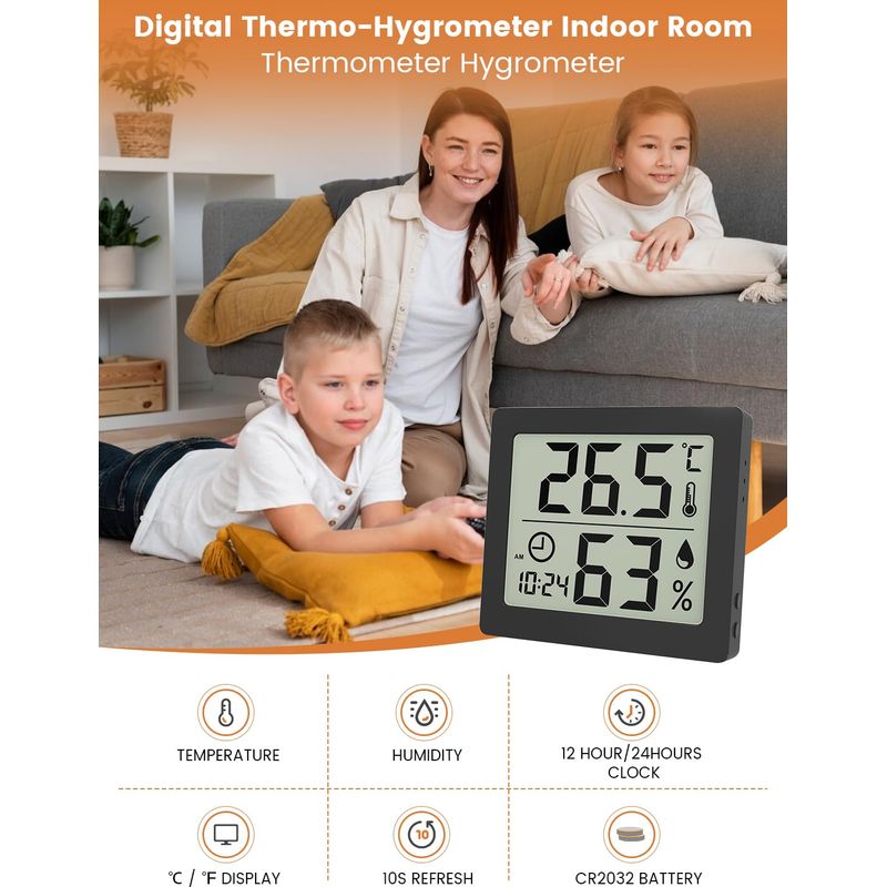 3,1" Lcd-thermometer/hygrometer Mit Uhr, Schwarz.