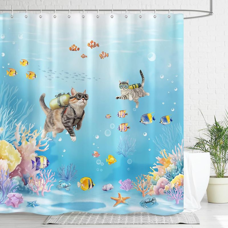 Duschvorhang Aus Polyester, 180×180 Cm, Motiv: Taucherkatze, Korallenriff, Wasserdicht, Waschbar, Maritimes Dekor, Mit 12 Haken
