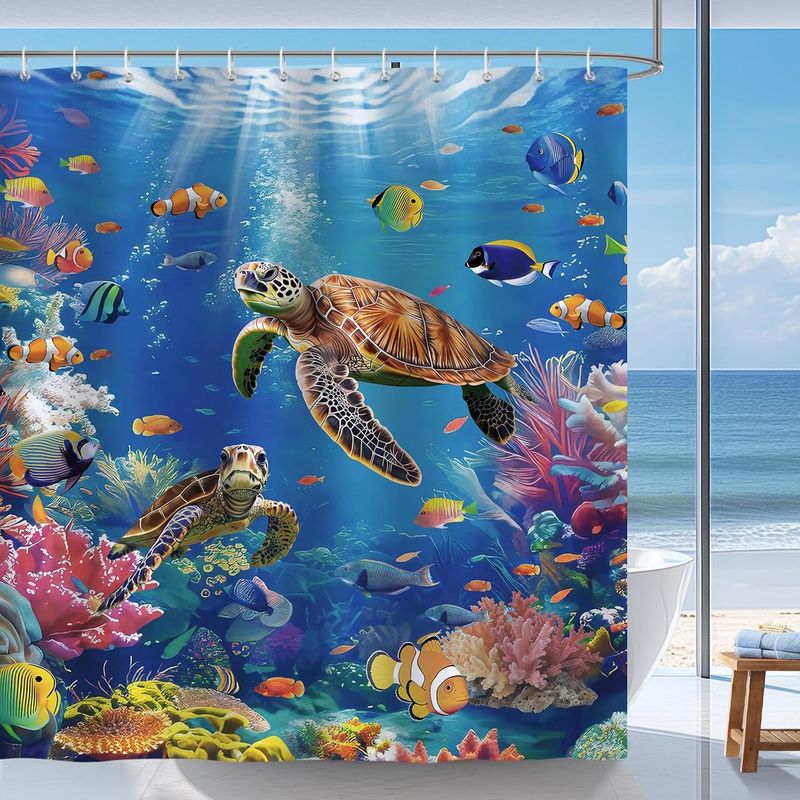 Duschvorhang Aus Polyester, 180 X 180 Cm, Schildkrötenmotiv, Tropische Fische, Ozeanmotiv, Schimmelresistent, Wasserdicht, Waschbar, Mit 12 Haken