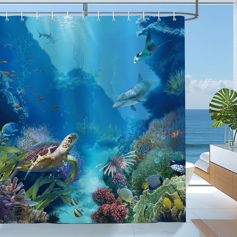 Duschvorhang Aus Polyester, 180 × 180 Cm, Unterwasserwelt-schildkröten-motiv, Ozeanblau, Wasserdicht, Schimmelresistent, Waschbar, Mit 12 Haken