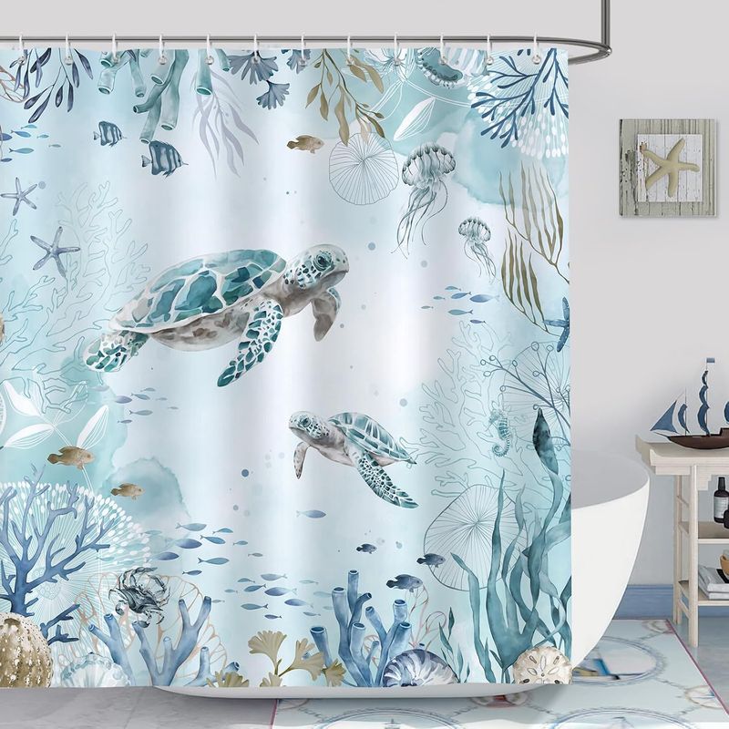 Duschvorhang Aus Polyester, 180 × 180 Cm, Meeresschildkrötenmotiv, Ozeanblau, Wasserdicht, Schimmelresistent, Waschbar, Inklusive 12 Haken Für Die Badewanne