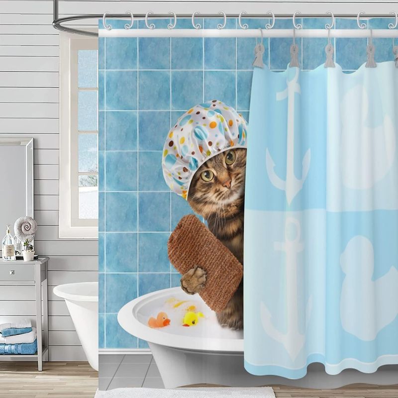 Lustiger Duschvorhang Mit Katzenmotiv (180 X 180 Cm), Niedlicher Kätzchen-badevorhang Für Kinder, Blau, Wasserdicht, Waschbar, Aus Polyestergewebe Fürs Badezimmer