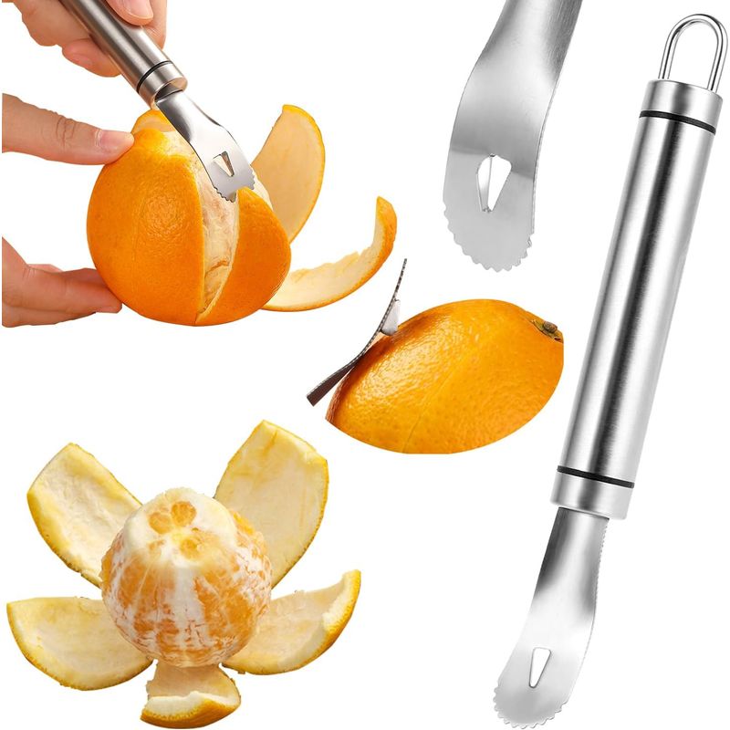 Zitrusschäler Aus Edelstahl Mit Langem Griff, Praktisches Werkzeug Zum Schnellen Orangenschälen, Gezahnter Dreieckiger Löffel, Kreatives Küchengerät