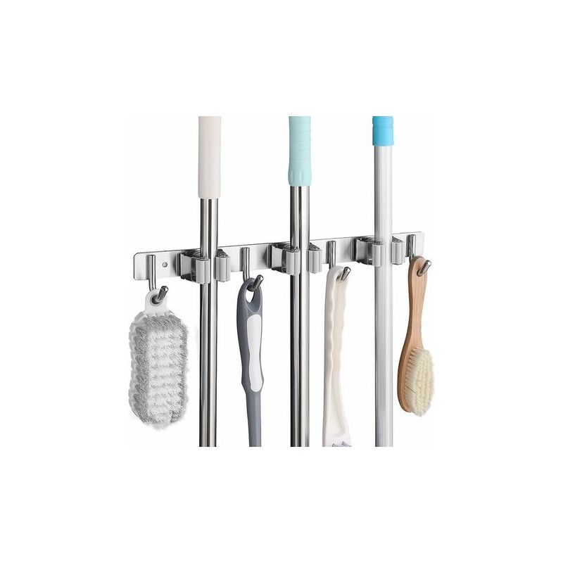 Wandmontierter Besenhalter Aus Edelstahl 304 – 3 Schlitze Und 4 Haken – Montage Durch Kleben Oder Bohren – Tragkraft 15 Kg Pro Haken