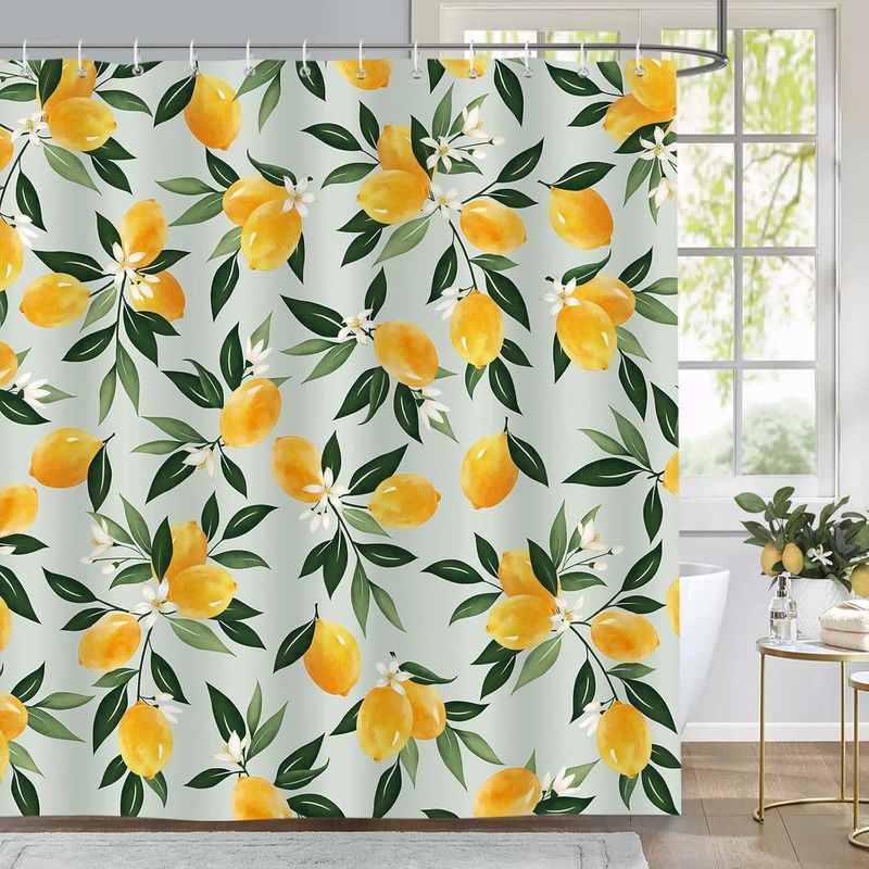 Duschvorhang Aus Polyester, 180 X 180 Cm, Zitronen- Und Blättermuster, Schimmelresistent, Wasserdicht, Waschbar, Mit 12 Haken Für Die Badewanne