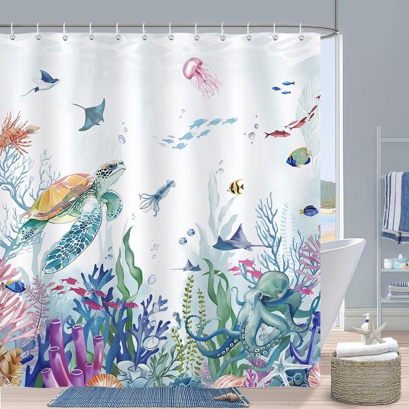 Duschvorhang Aus Polyester, 180 × 180 Cm, Buntes Schildkröten- Und Oktopus-ozeanmotiv, Wasserdicht, Schimmelresistent, Waschbar, Mit 12 Haken