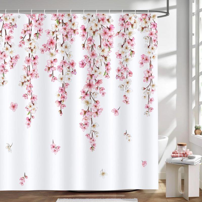 Duschvorhang Aus Polyester, 180 × 180 Cm, Kirschblütenmuster In Sakura-rosa, Schimmelresistent, Wasserdicht, Waschbar, Mit 12 Haken