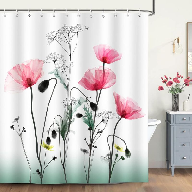Duschvorhang Aus Polyester, 180 × 200 Cm, Rote Mohnblumen, Wasserdicht, Schimmelresistent, Waschbar, Inklusive 12 Haken Für Die Badewanne