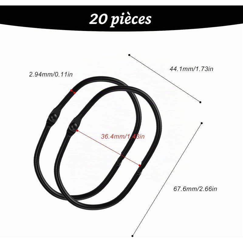20 Ovale Duschvorhangringe, Metall, Extra Groß 67 Mm, Für Duschvorhangstangen, Schwarz.