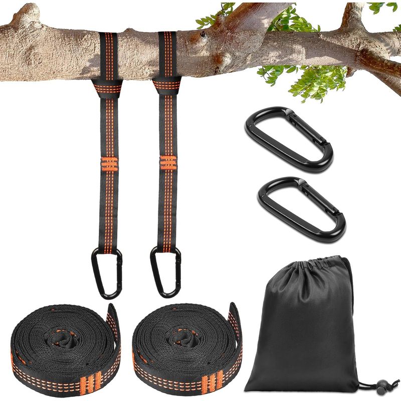 Set Mit 2 Verstellbaren Orangefarbenen Polyester-hängemattengurten, 10+1 Schwarzen Ringen/armbändern, Max. Belastung 453,6 Kg Für Camping-baumschaukeln