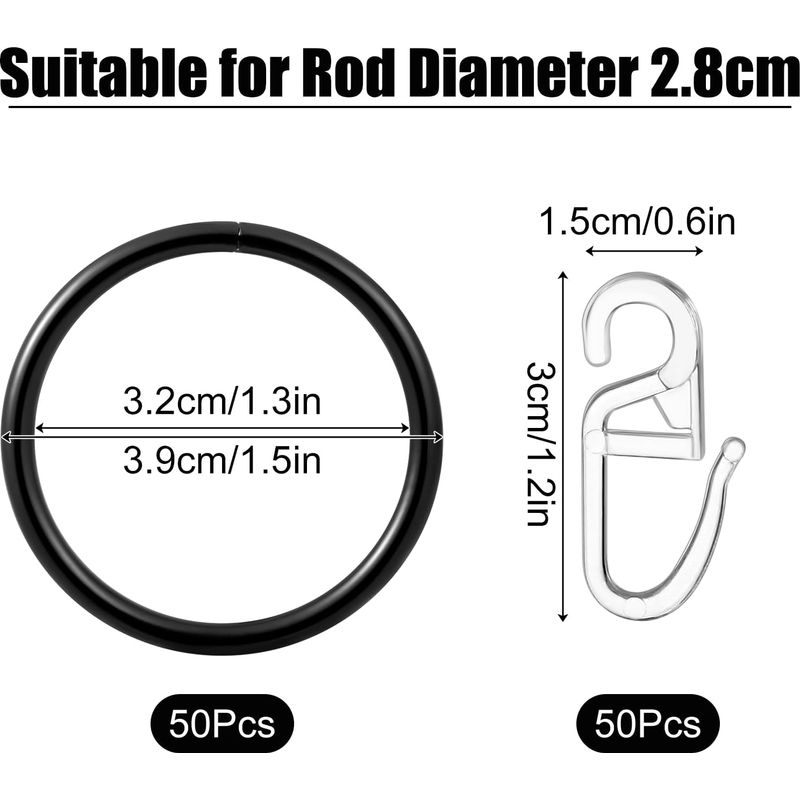 50 Metallringe + 50 Haken, Für Duschvorhänge, Durchmesser 32 Mm, Schwarz.