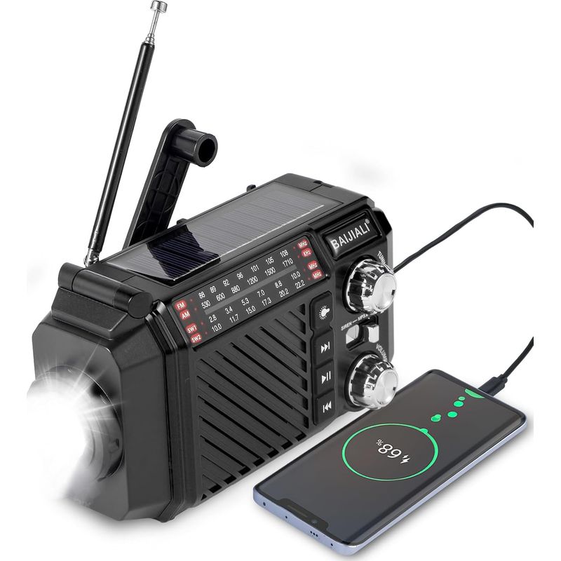 Kurbelradio Für Den Notfall, 2600-mah-powerbank, Solar-/dynamobetrieb, Am/fm/oc-empfang, Taschenlampe/sos-funktion, Usb-/akku-aufladung