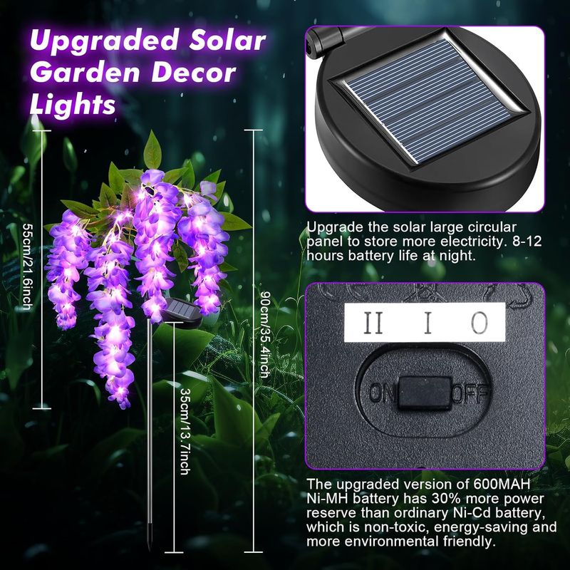 2 Solarlampen In Form Von Lila Glyzinienblüten, Schutzart Ip65, Zur Dekoration Von Terrasse/patio/einfahrt.