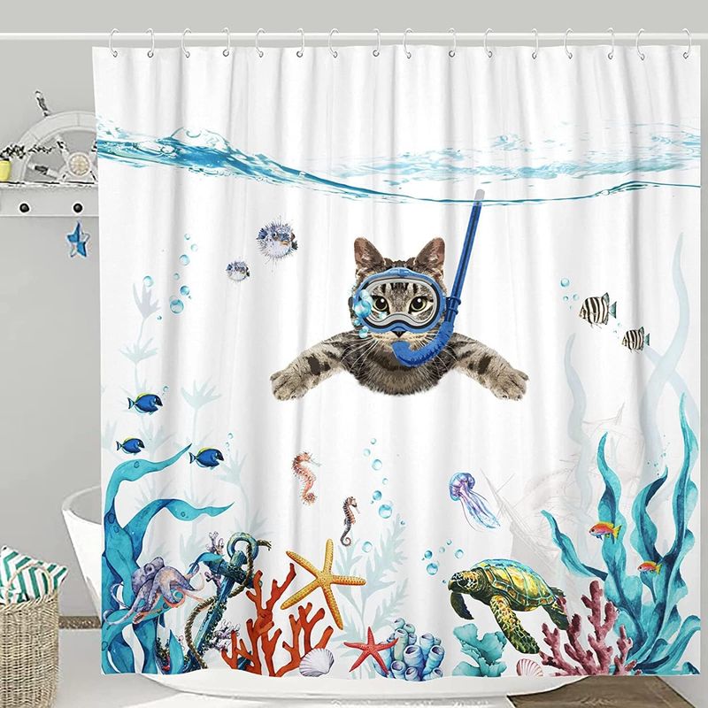Duschvorhang Aus Polyester, 180 X 180 Cm, Motiv: Taucherkatze, Ozean, Schnelltrocknend, Wasserdicht, Schimmelresistent, Mit 12 Haken, Badezimmer