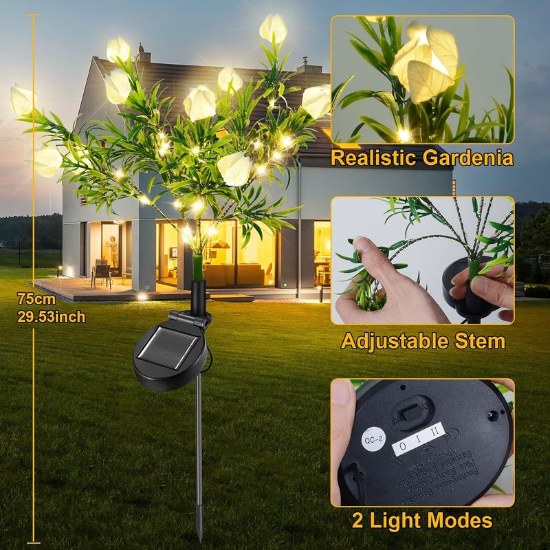2 Solar-gardenienblütenlampen, Led Ip65, Dekoration Für Wege/rasen/terrasse/zaun/partys.
