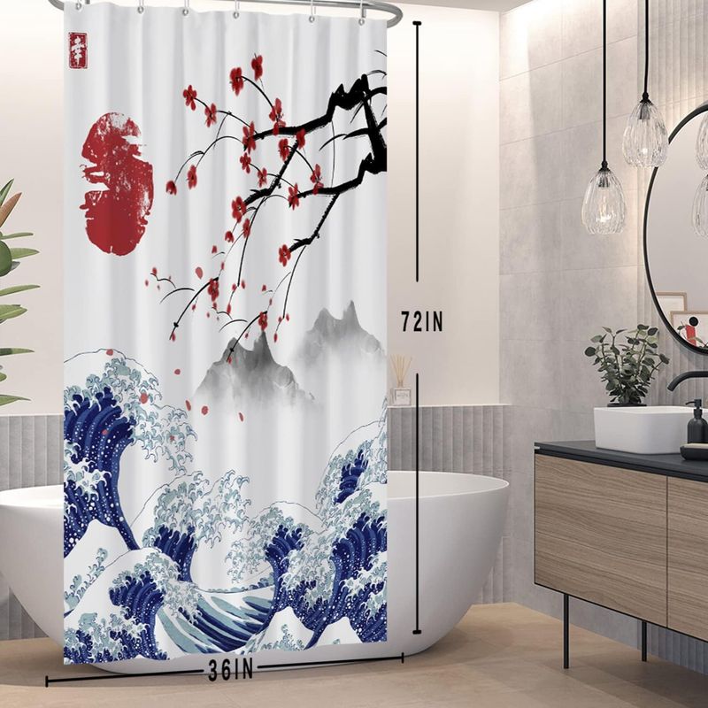 Japanischer Duschvorhang 90×180 Cm, Motiv: Sonnenuntergang Mit Kirschblüten Am Berg Fuji, Badezimmerdekoration Mit Meereslandschaft