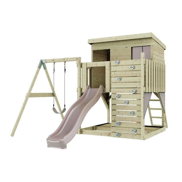 PolarPlay Spielturm Tjorven, mit Kinderschaukel, Altrosa