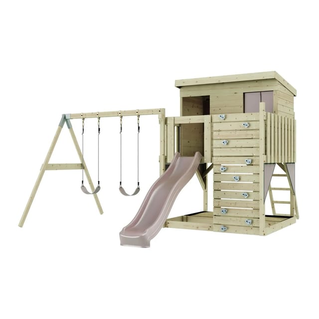 PolarPlay Spielturm Nils, mit Kinderschaukel, Altrosa