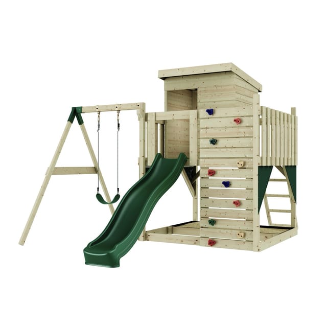 PolarPlay Spielturm Alma, mit Kinderschaukel, Dunkelgrün