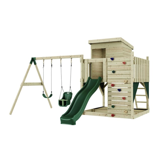 PolarPlay Spielturm Björn, mit Babyschaukel, Dunkelgrün