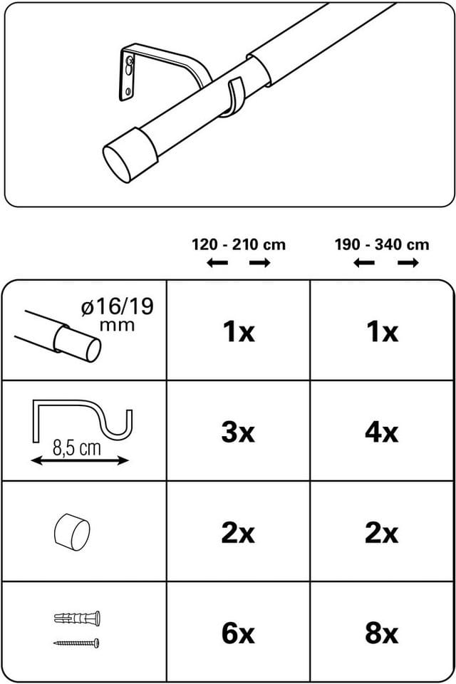 Gardinia Gardinenstangen-Set Kos Ø 16/19 mm Ausziehbar 120-210 cm Edelstahl