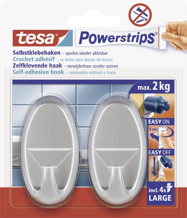 Tesa Selbstklebehaken Chrom matt oval 2 Stück mit 4 x Powerstrips Large