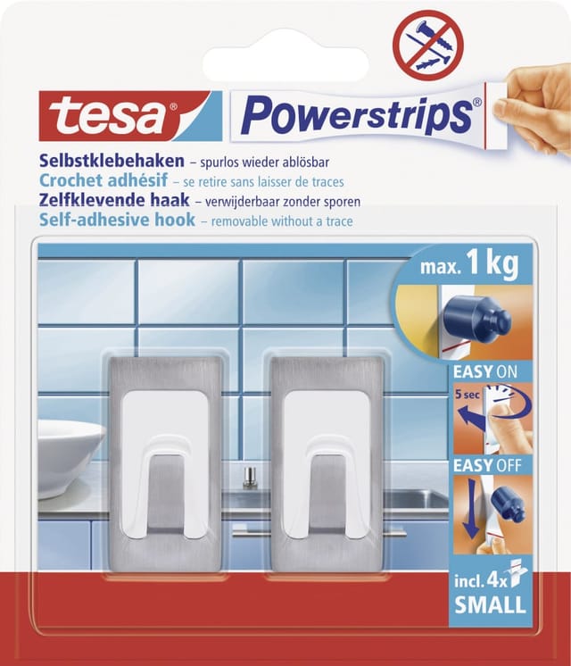 Tesa Selbstklebehaken Metall-Weiß konvex 2 Stück mit 4 x Powerstrips Small