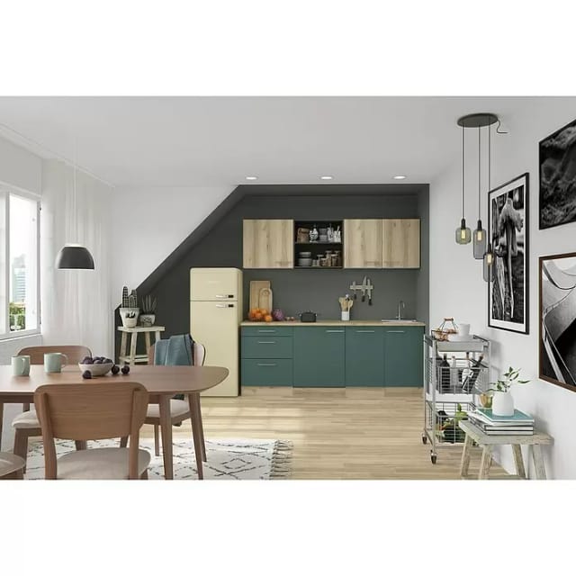 Optifit Küchenzeile KPLS 2199R-9+ Liv.290/Sav.405 Wildeiche Nb./Steingrün 210cm