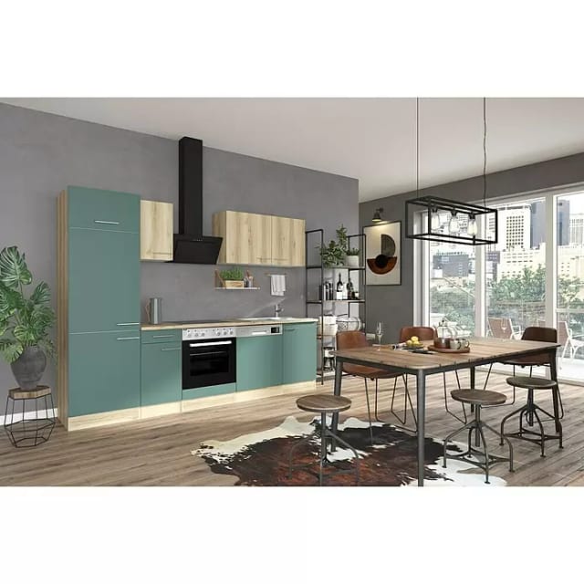 Optifit Küchenzeile KPLS 2702-9+ Liv.290/Sav.405 Wildeiche Nb./Steingrün 270cm